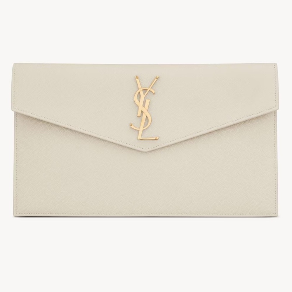 Yves Saint Laurent Uptown Beige Clutch with Gold Logo